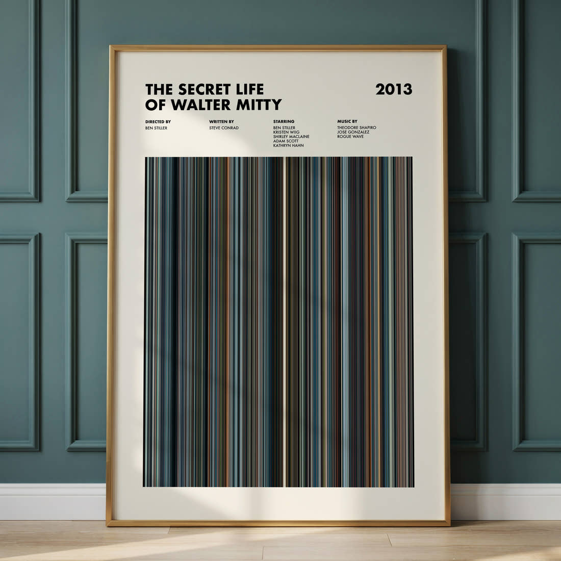The Secret Life of Walter Mitty Movie Barcode Poster framed and leaning against a panelled wall