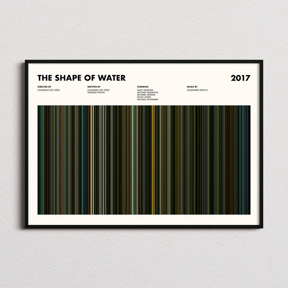 The Shape of Water Movie Barcode Poster framed and photographed straight on