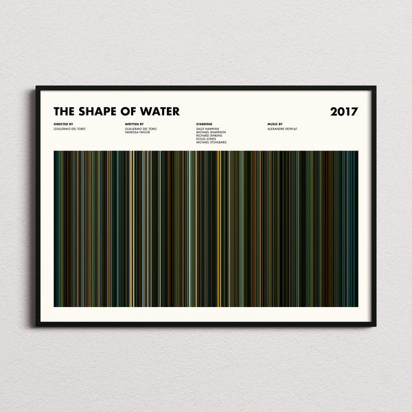 The Shape of Water Movie Barcode Poster framed and photographed straight on