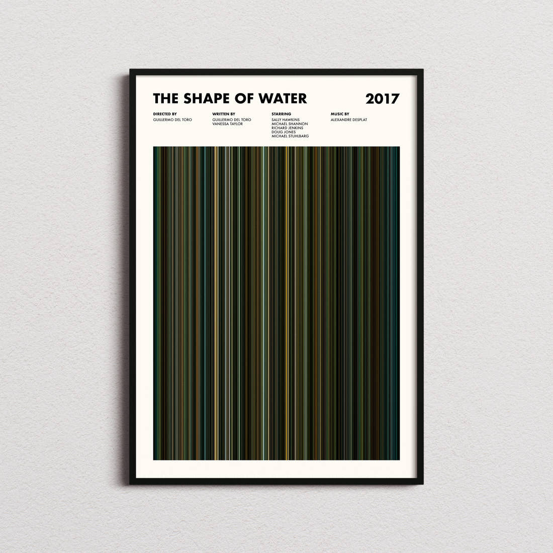 The Shape of Water Movie Barcode Poster framed on a plain studio wall