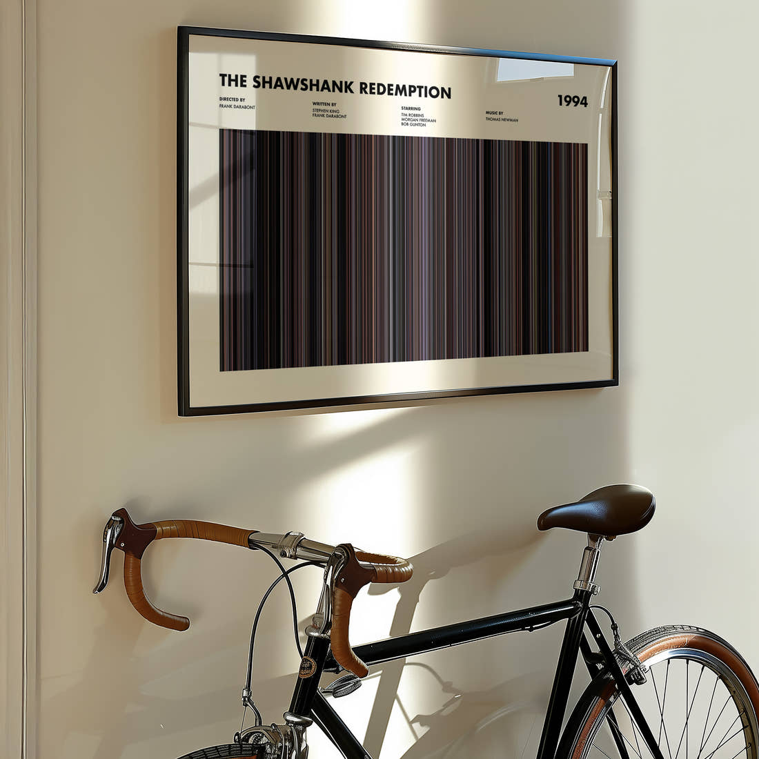 The Shawshank Redemption Movie Barcode Poster framed on the wall of a styled room setting