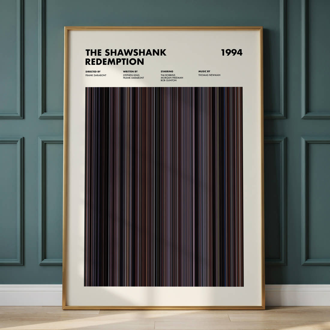 The Shawshank Redemption Movie Barcode Poster framed and leaning against a panelled wall