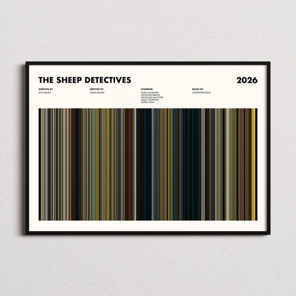 The Sheep Detectives Movie Barcode Poster framed and photographed straight on