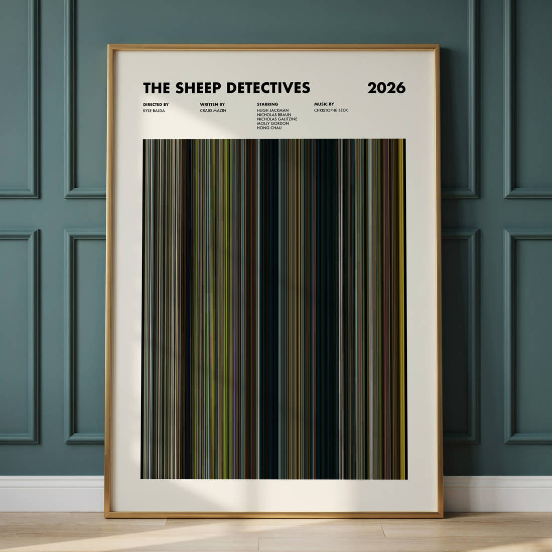 The Sheep Detectives Movie Barcode Poster framed and leaning against a panelled wall