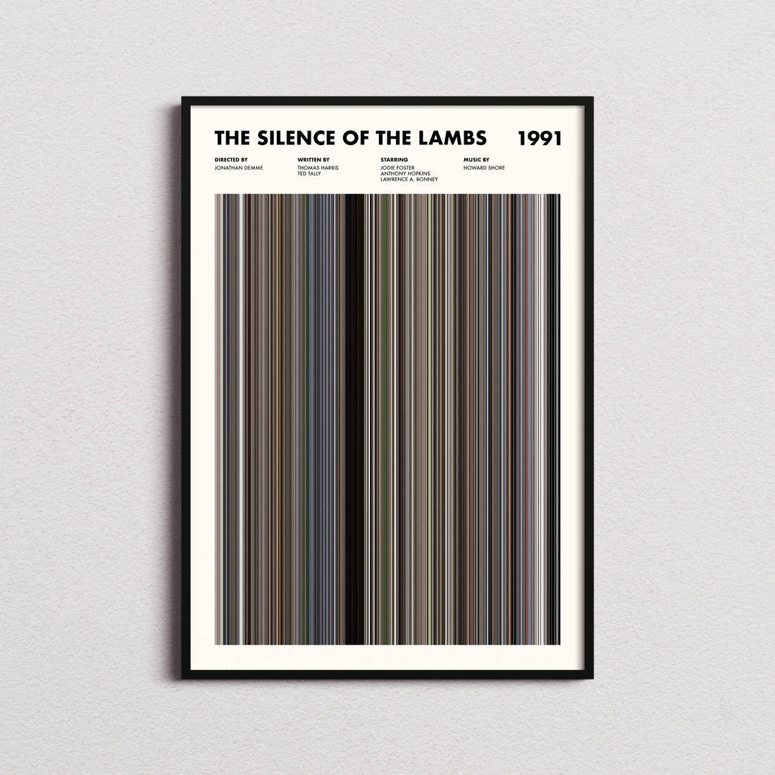 The Silence Of The Lambs Movie Barcode Poster framed on a plain studio wall
