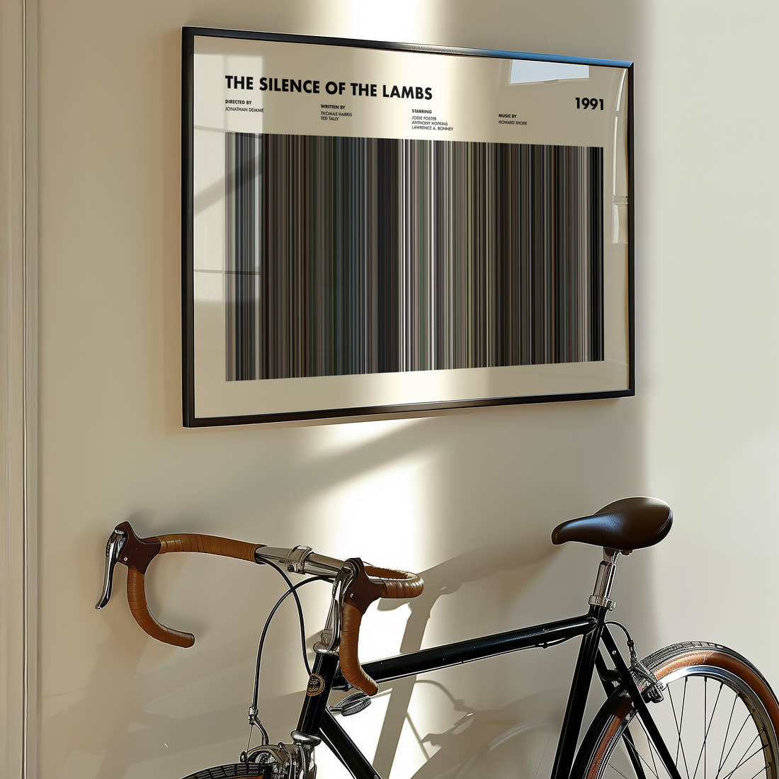 The Silence Of The Lambs Movie Barcode Poster framed on the wall of a styled room setting