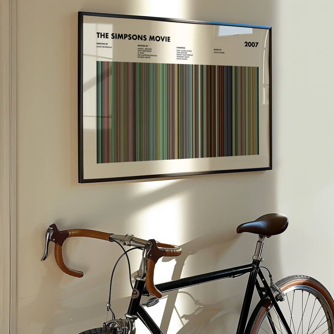 The Simpsons Movie Barcode Poster framed on the wall of a styled room setting