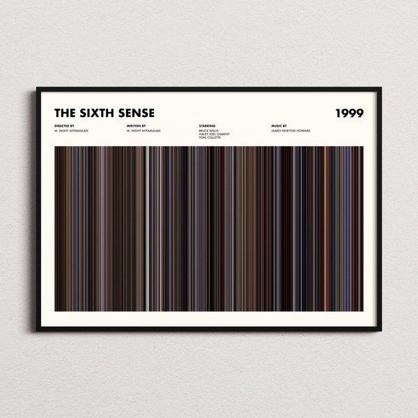 The Sixth Sense Movie Barcode Poster framed and photographed straight on