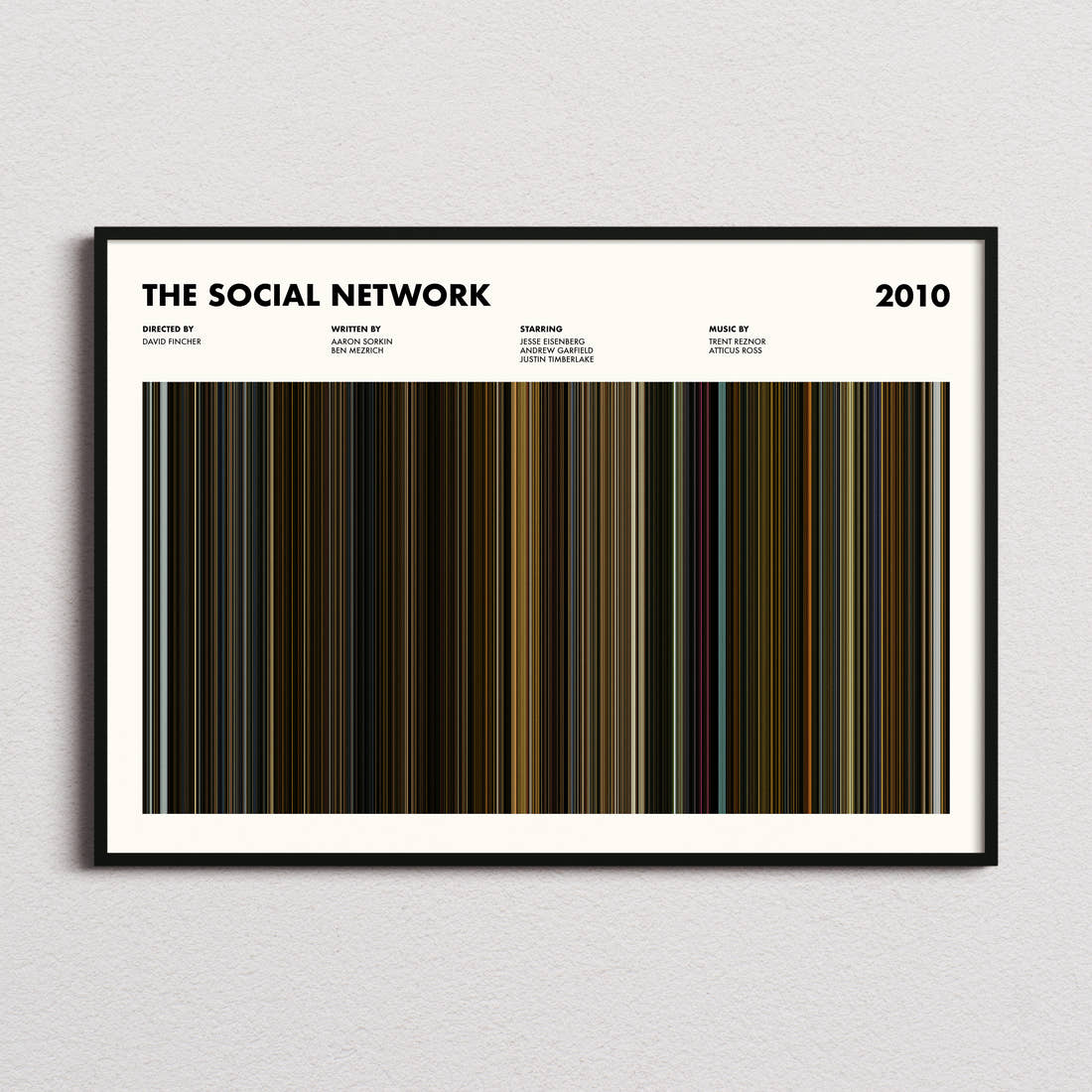 The Social Network Movie Barcode Poster framed and photographed straight on
