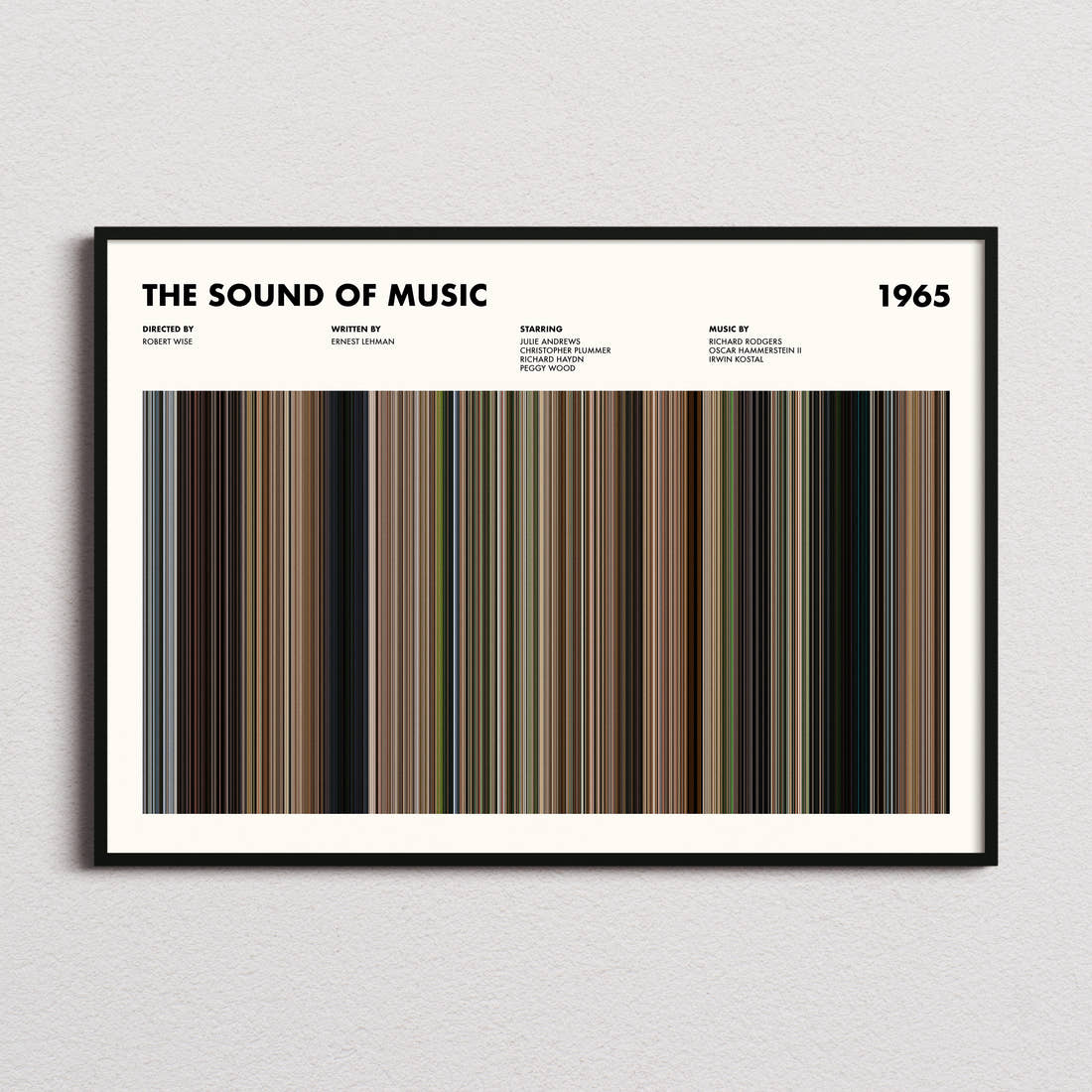 The Sound Of Music Movie Barcode Poster framed and photographed straight on