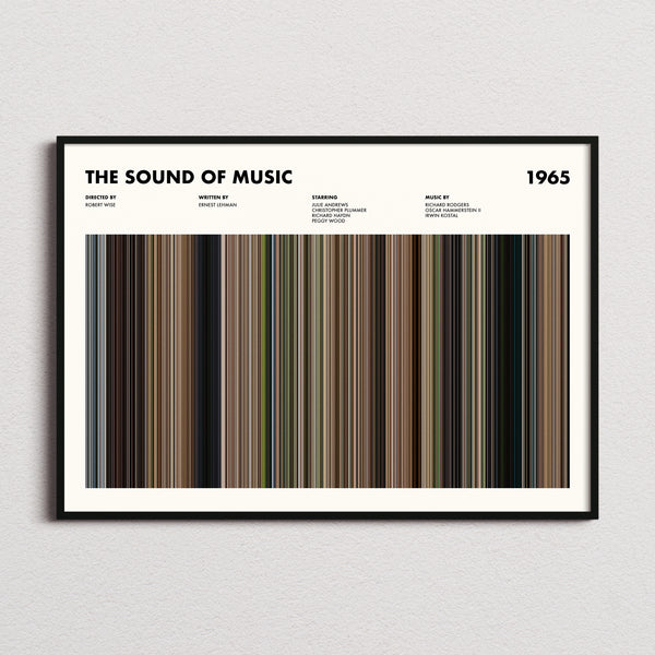 The Sound Of Music Movie Barcode Poster framed and photographed straight on
