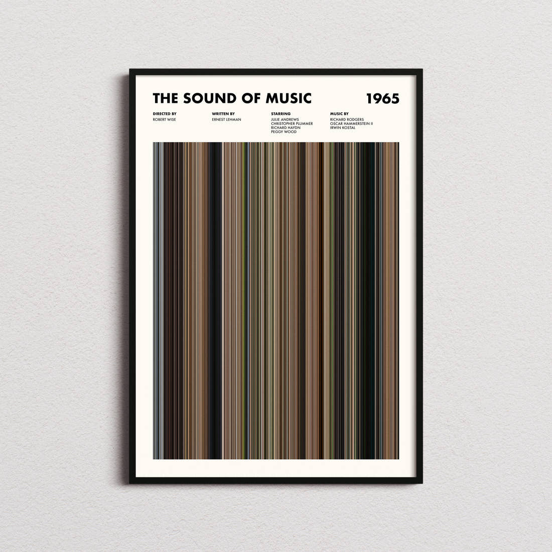 The Sound Of Music Movie Barcode Poster framed on a plain studio wall