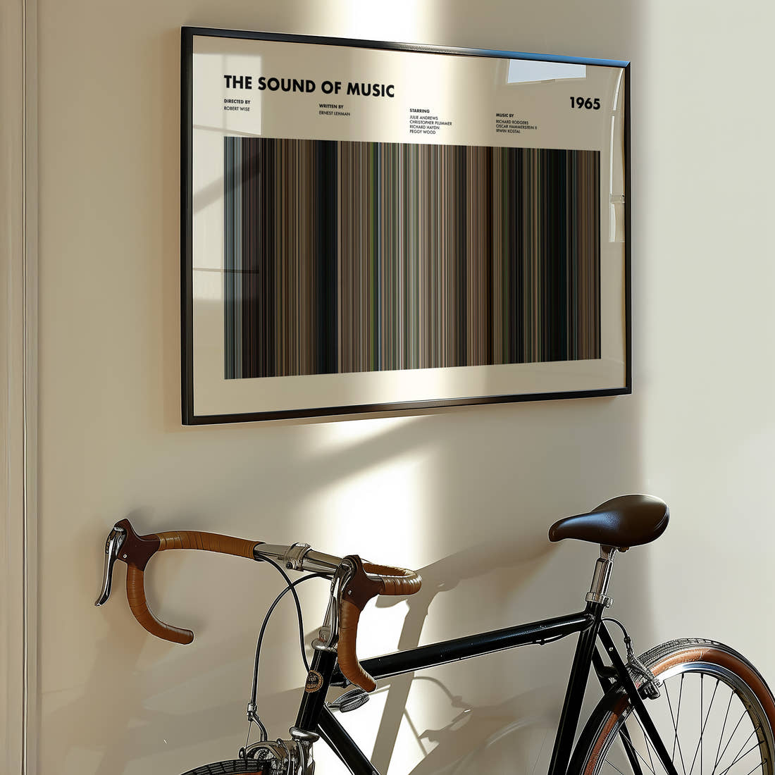 The Sound Of Music Movie Barcode Poster framed on the wall of a styled room setting