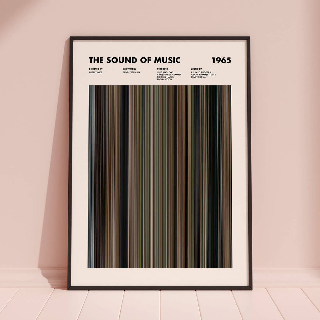 The Sound Of Music Movie Barcode Poster framed and leaning against a coloured wall