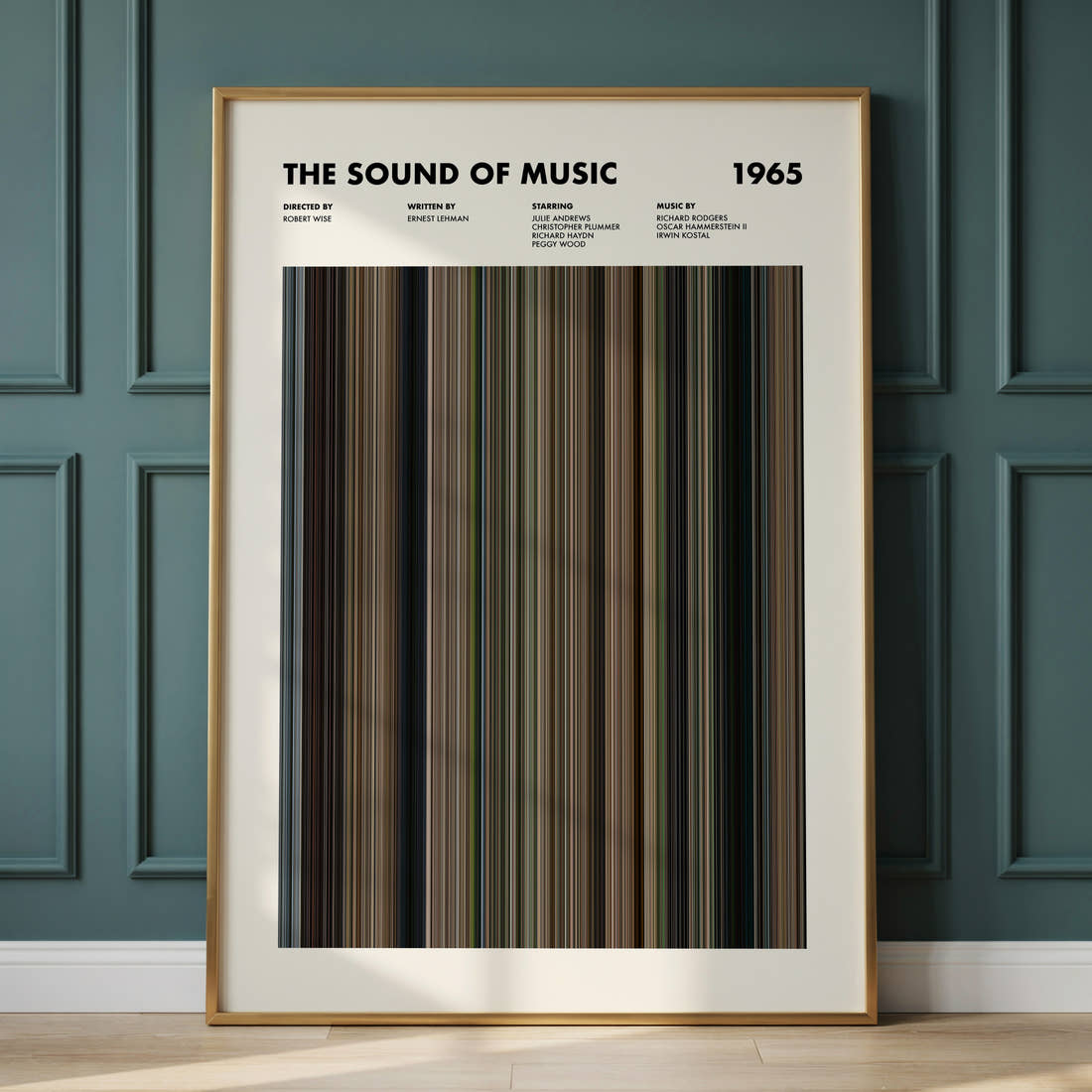 The Sound Of Music Movie Barcode Poster framed and leaning against a panelled wall