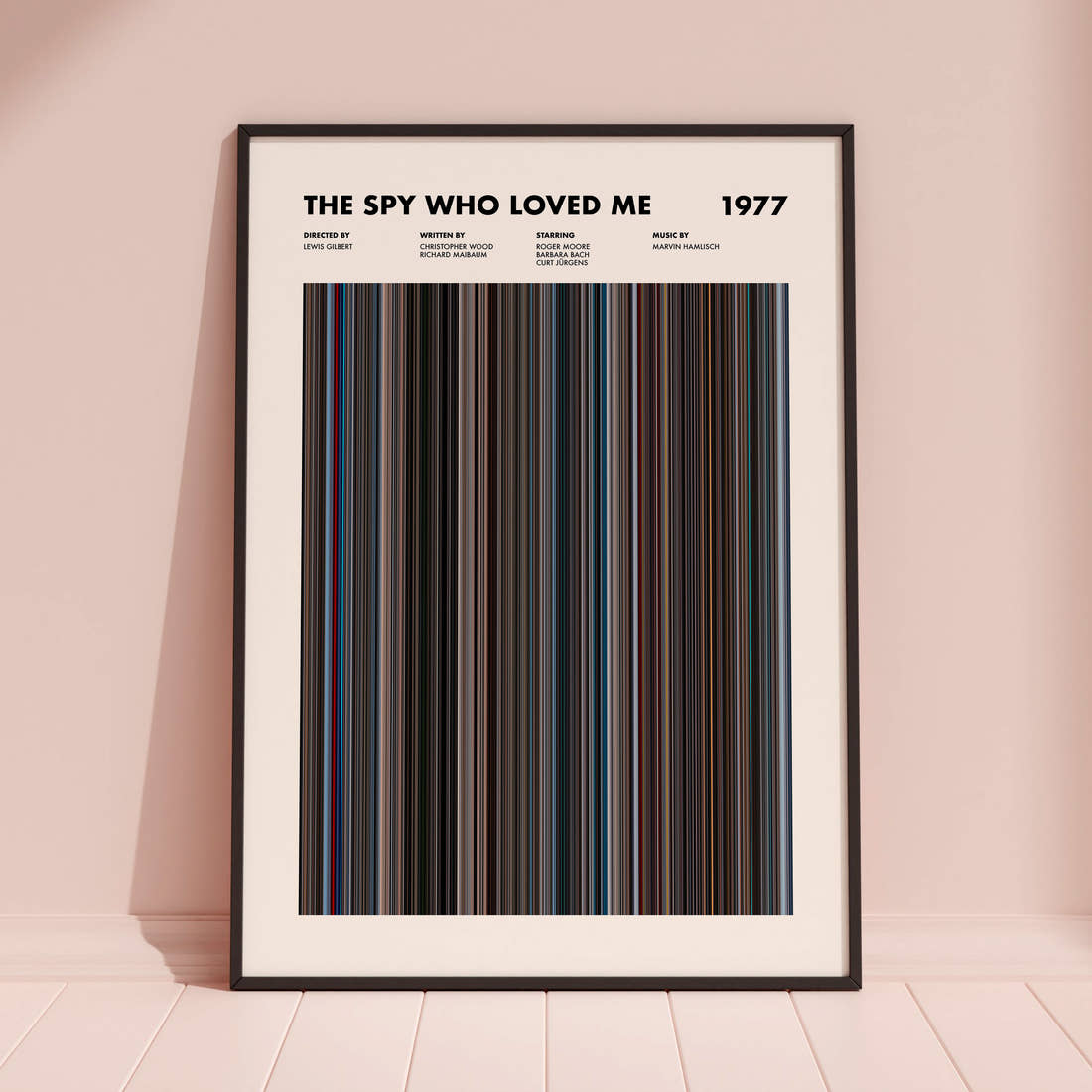 The Spy Who Loved Me Movie Barcode Poster framed and leaning against a coloured wall