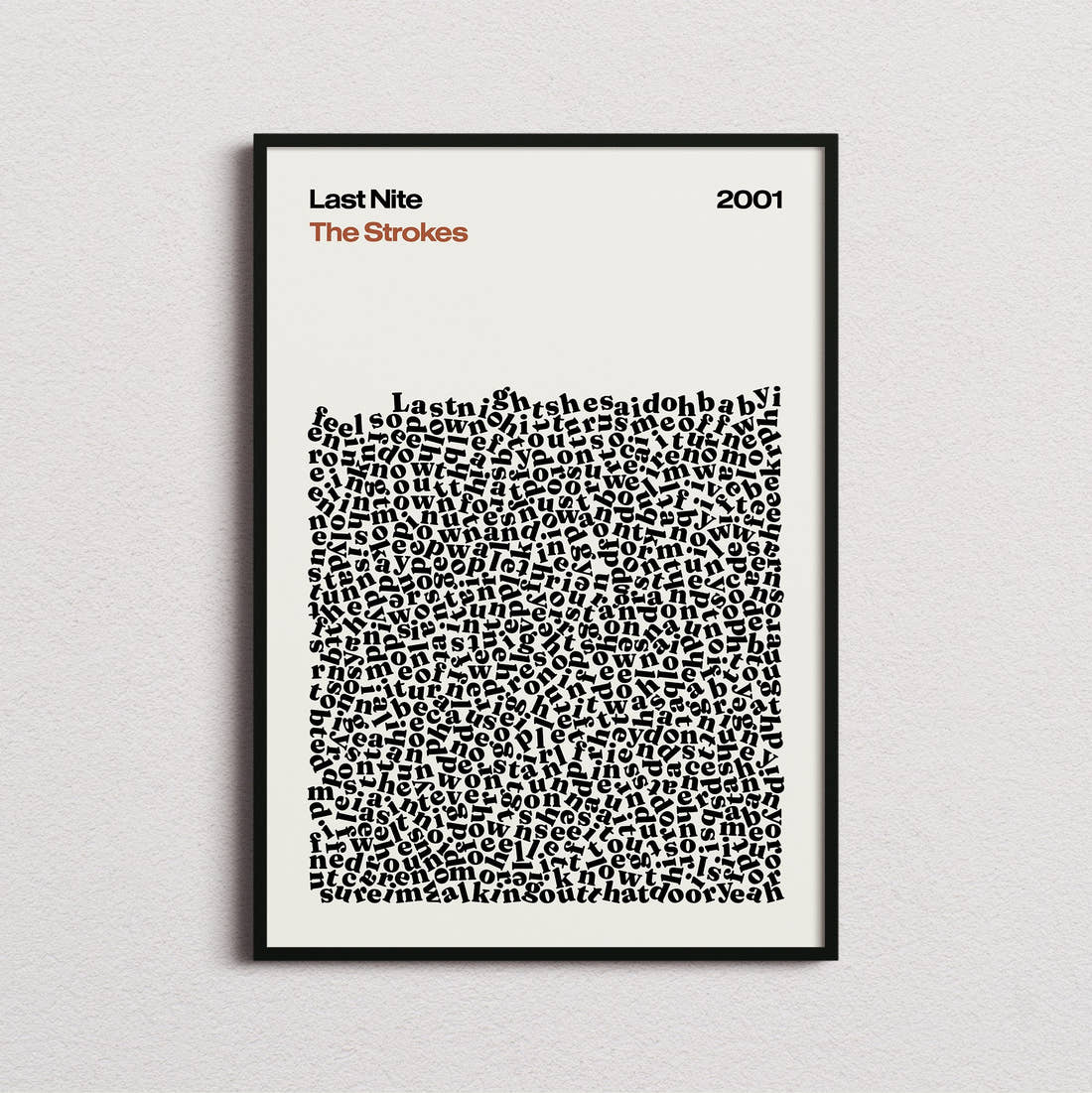 The Strokes Last Nite Lyric Print in the cream colourway, framed