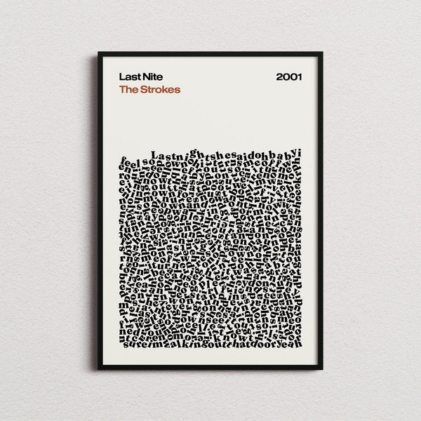 The Strokes Last Nite Lyric Print in the cream colourway, framed