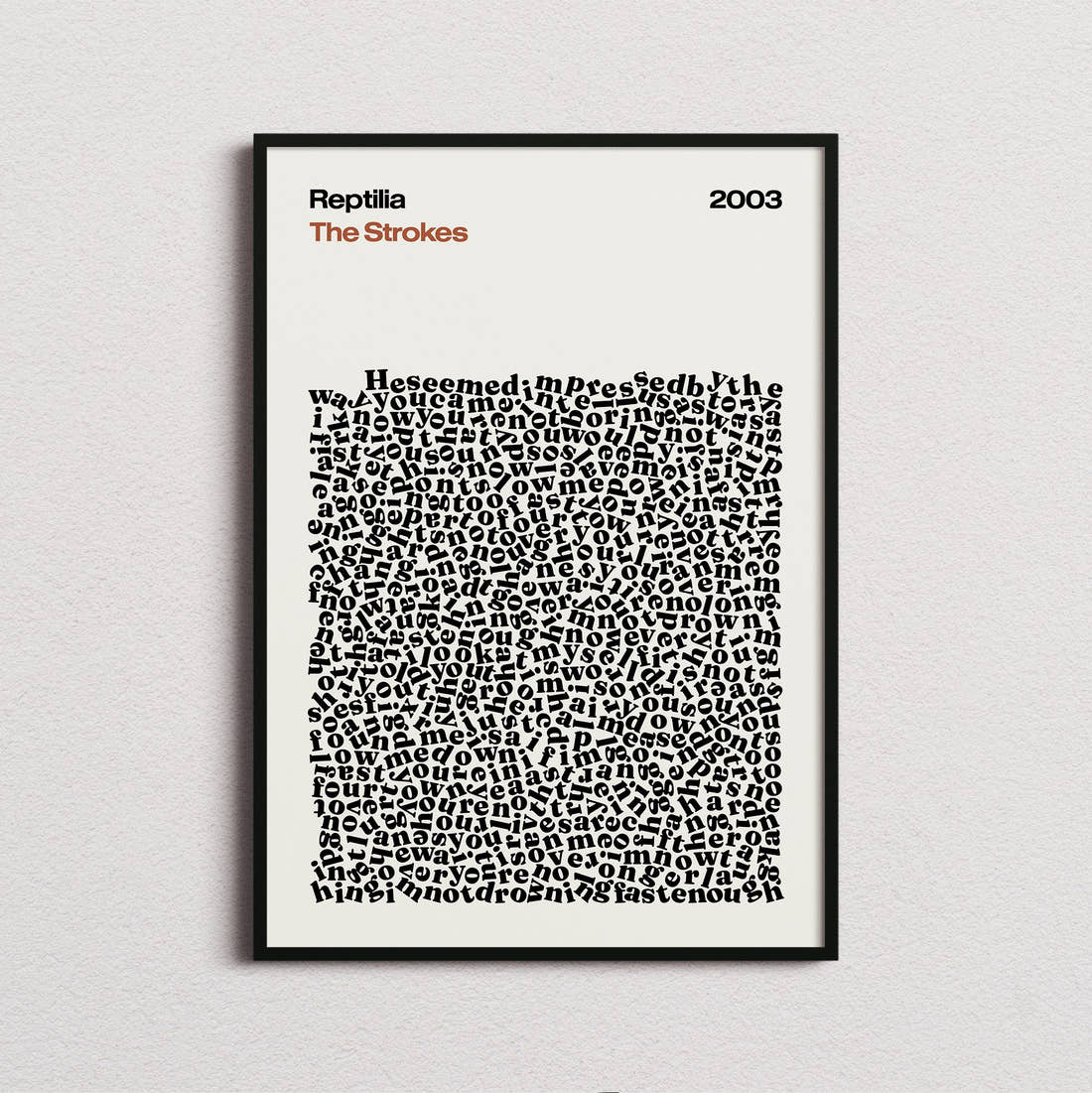 The Strokes Reptilia Lyric Print in the cream colourway, framed