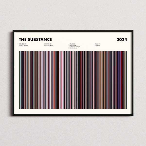 The Substance Movie Barcode Poster framed and photographed straight on