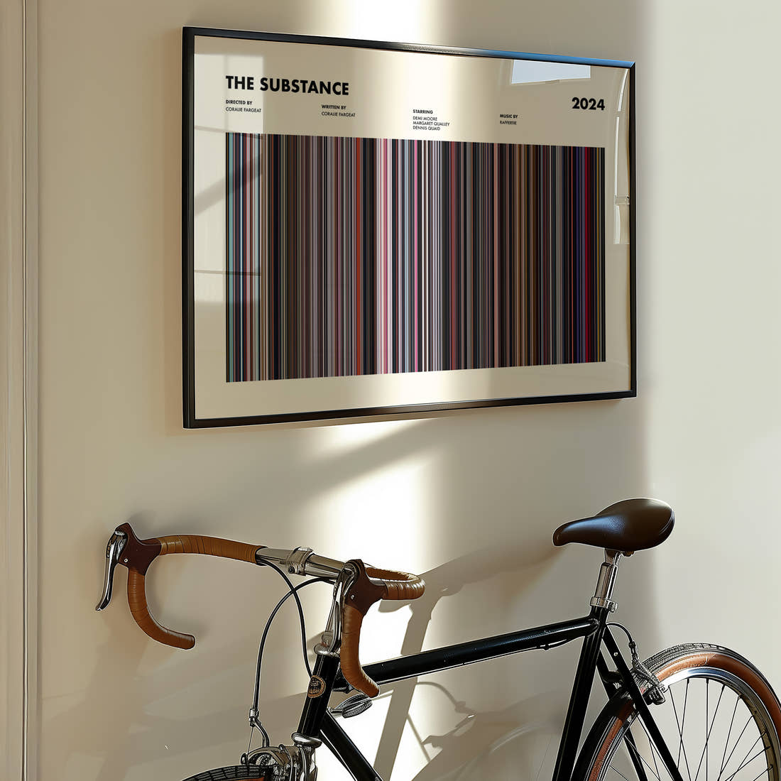 The Substance Movie Barcode Poster framed on the wall of a styled room setting