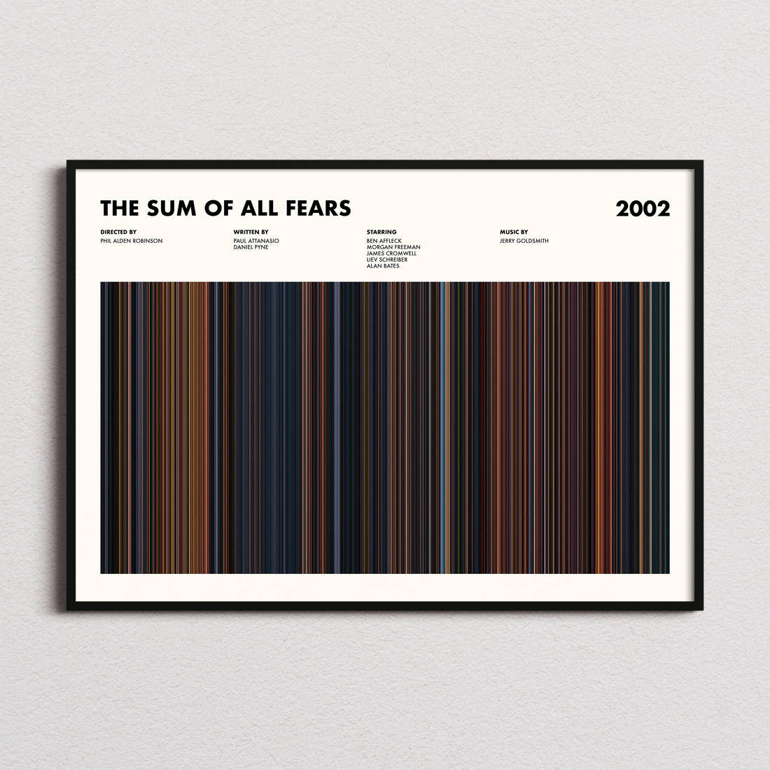 The Sum of All Fears Movie Barcode Poster framed and photographed straight on