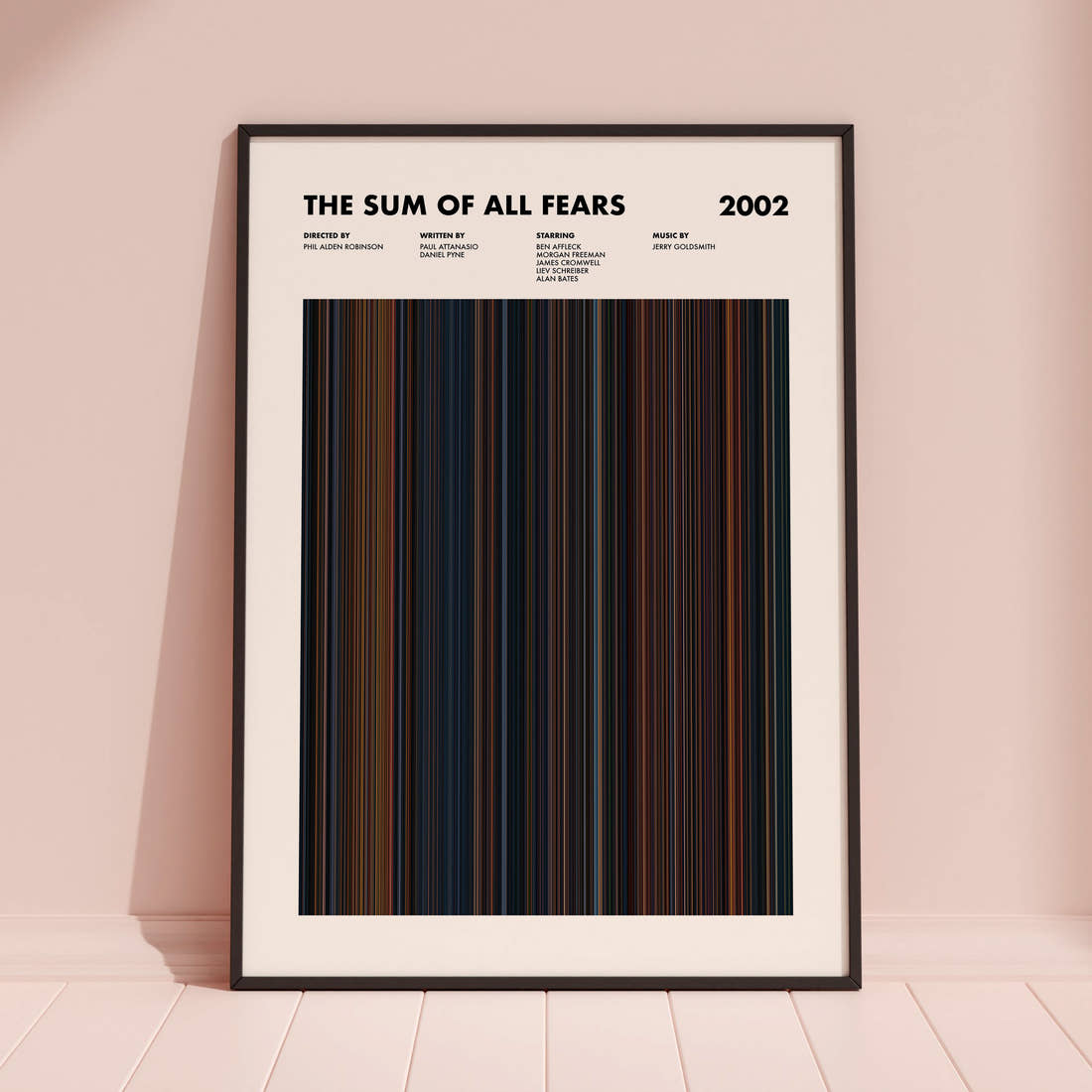 The Sum of All Fears Movie Barcode Poster framed and leaning against a coloured wall