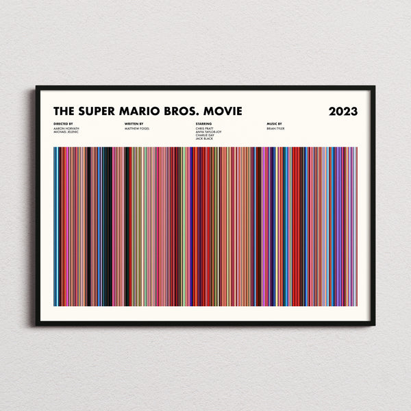 The Super Mario Bros. Movie Movie Barcode Poster framed and photographed straight on