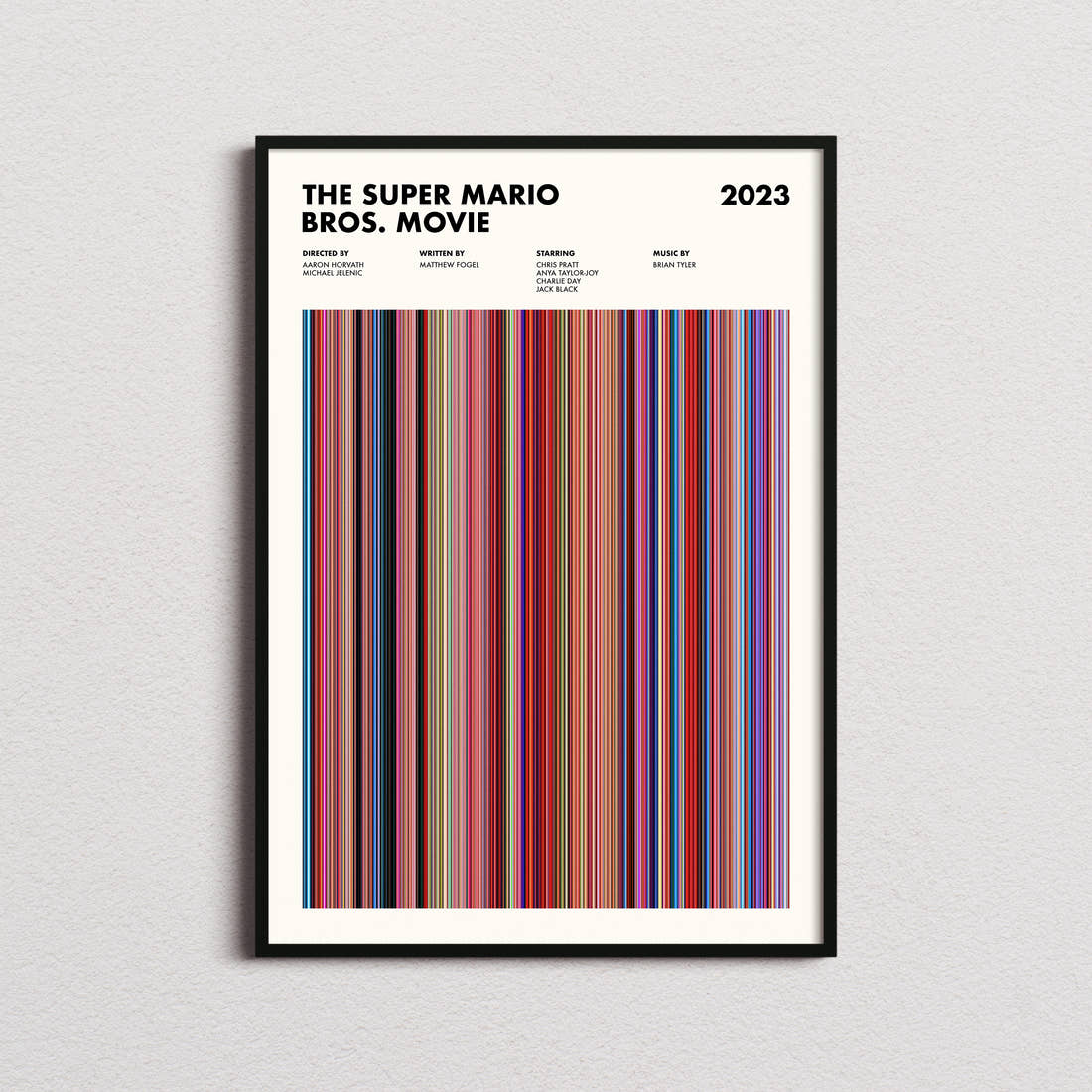 The Super Mario Bros. Movie Movie Barcode Poster framed on a plain studio wall