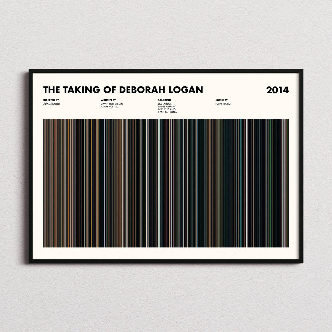 The Taking of Deborah Logan Movie Barcode Poster framed and photographed straight on