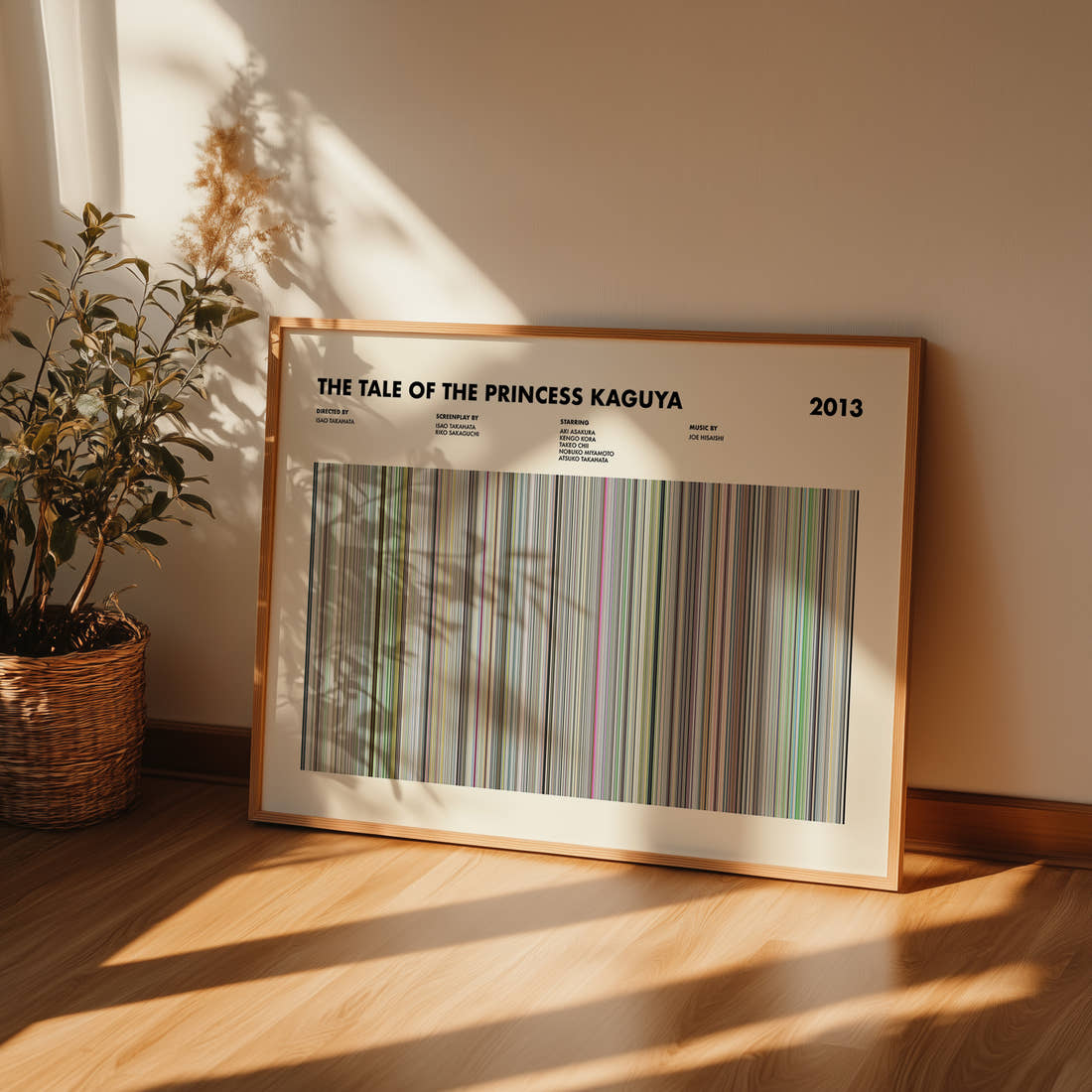 The Tale of the Princess Kaguya Movie Barcode Poster framed and leaning against a wall on a wooden floor