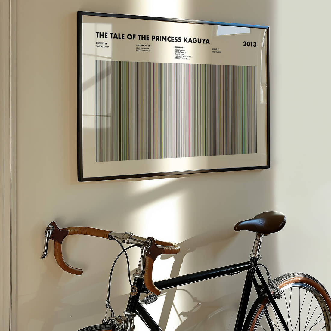 The Tale of the Princess Kaguya Movie Barcode Poster framed on the wall of a styled room setting