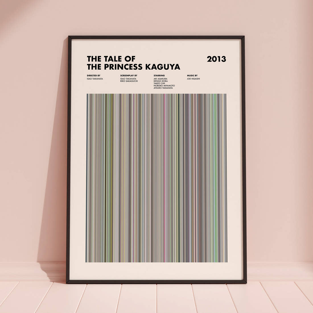 The Tale of the Princess Kaguya Movie Barcode Poster framed and leaning against a coloured wall