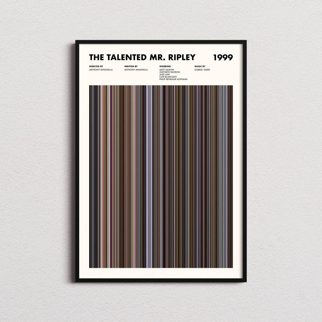 The Talented Mr. Ripley Movie Barcode Poster framed on a plain studio wall