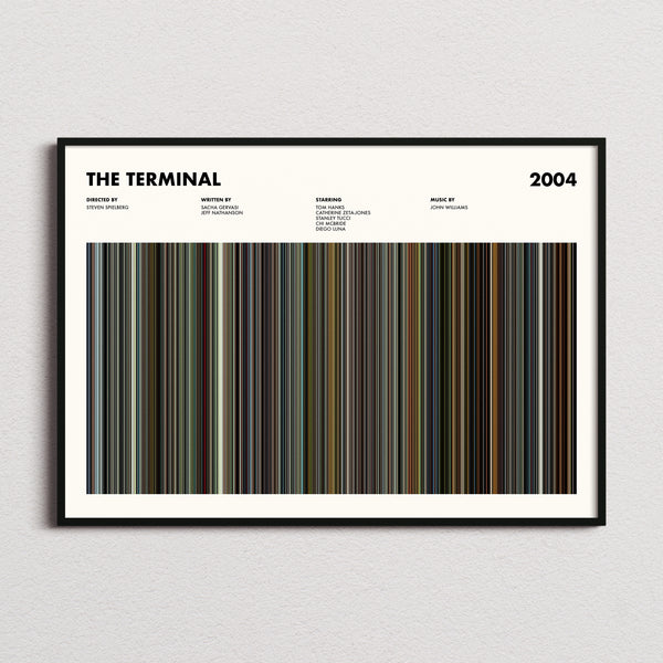 The Terminal Movie Barcode Poster framed and photographed straight on