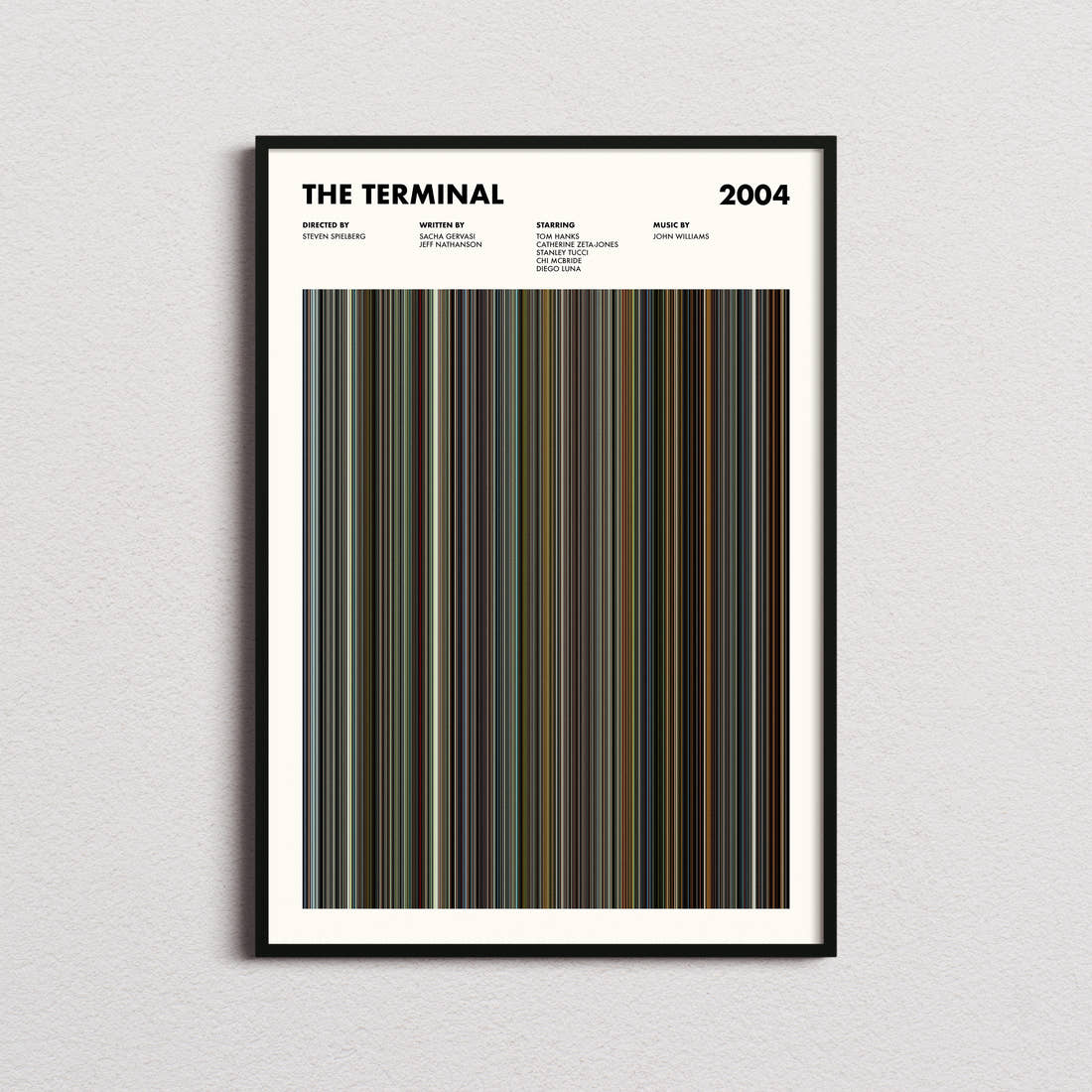 The Terminal Movie Barcode Poster framed on a plain studio wall