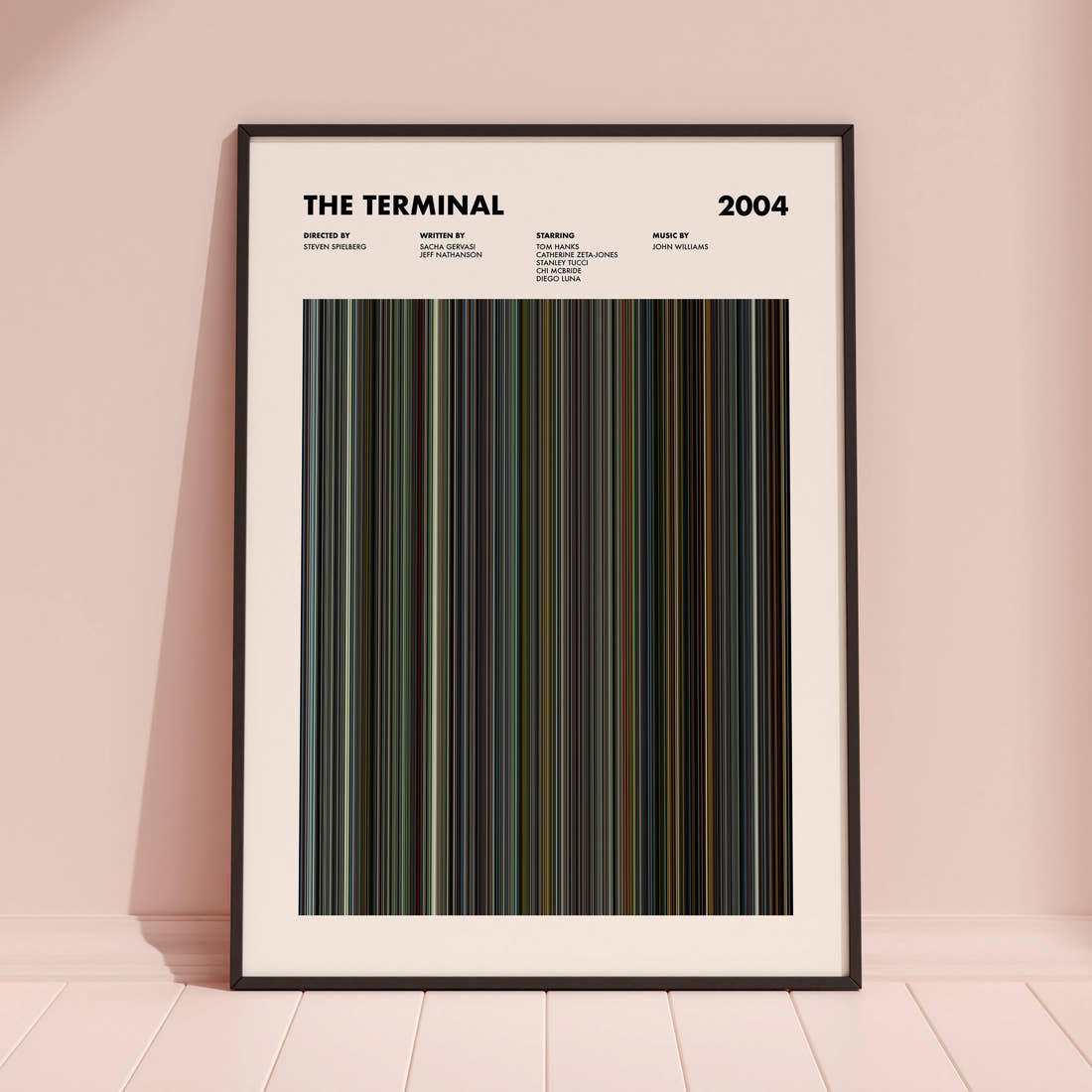 The Terminal Movie Barcode Poster framed and leaning against a coloured wall