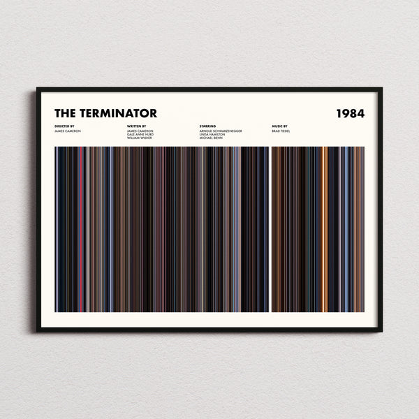 The Terminator Movie Barcode Poster framed and photographed straight on