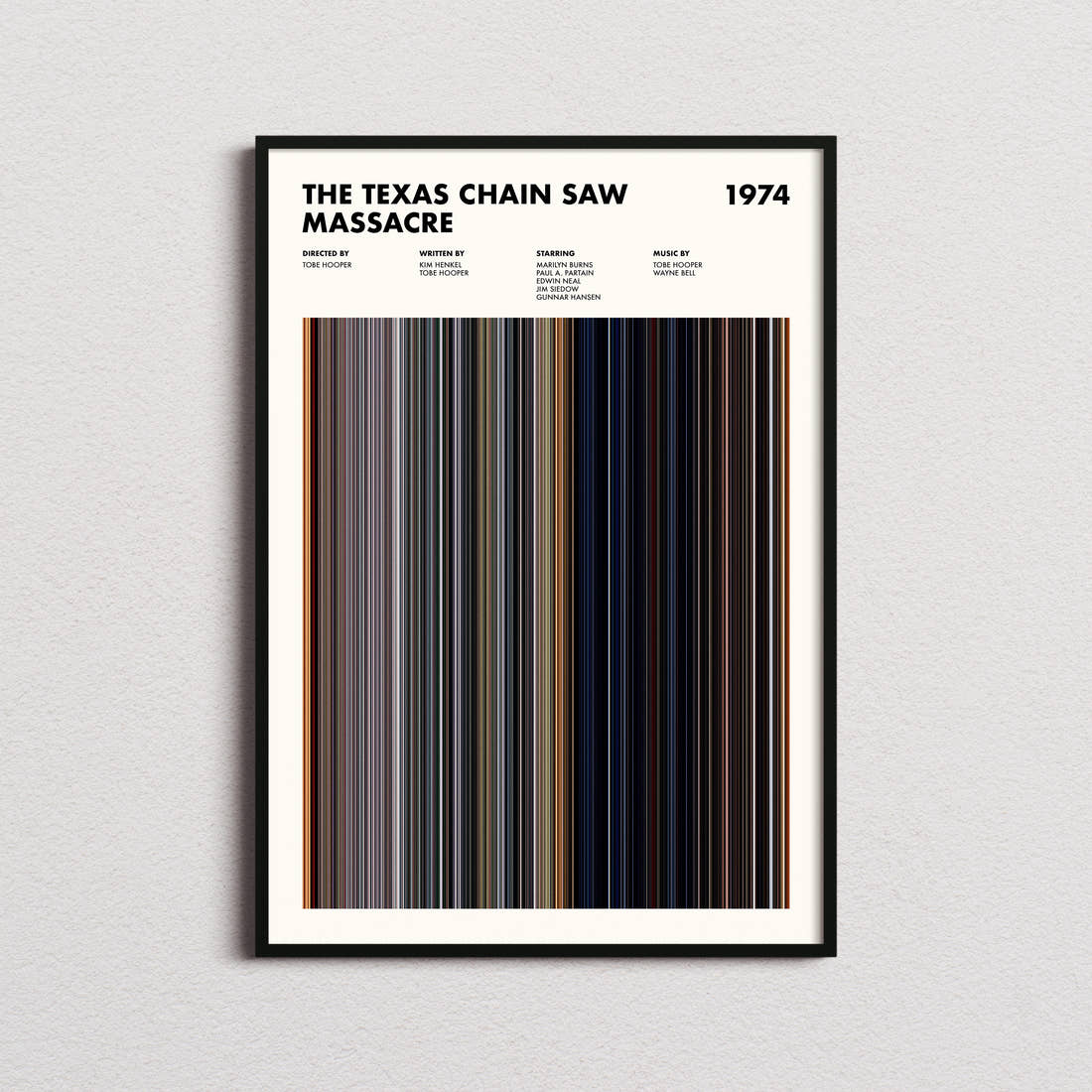 The Texas Chain Saw Massacre Movie Barcode Poster framed on a plain studio wall