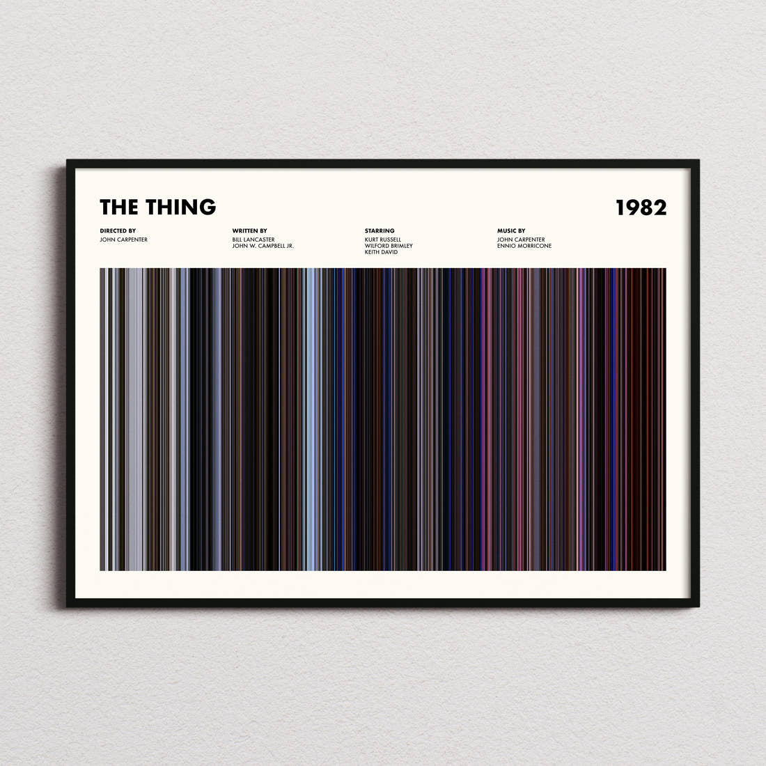 The Thing Movie Barcode Poster framed and photographed straight on