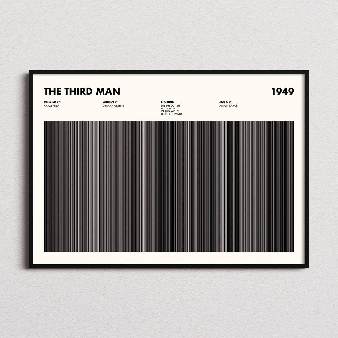 The Third Man Movie Barcode Poster framed and photographed straight on