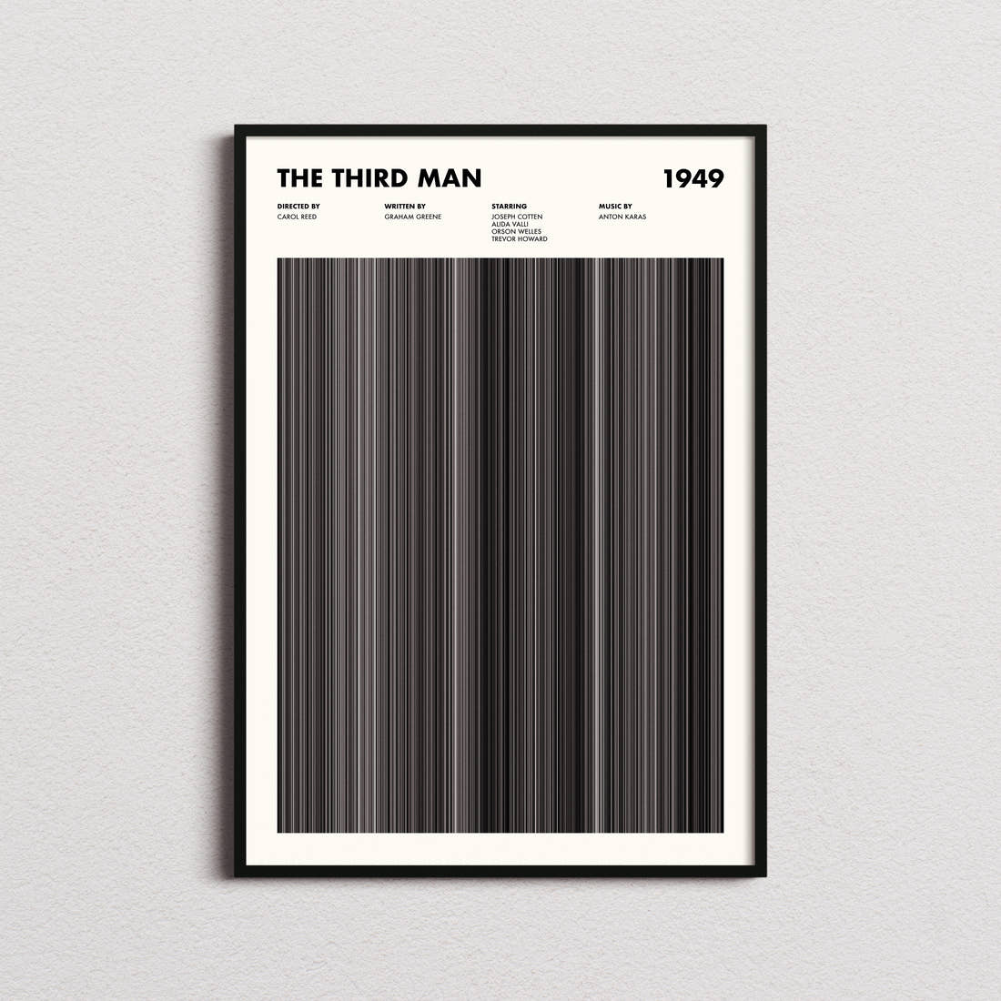 The Third Man Movie Barcode Poster framed on a plain studio wall