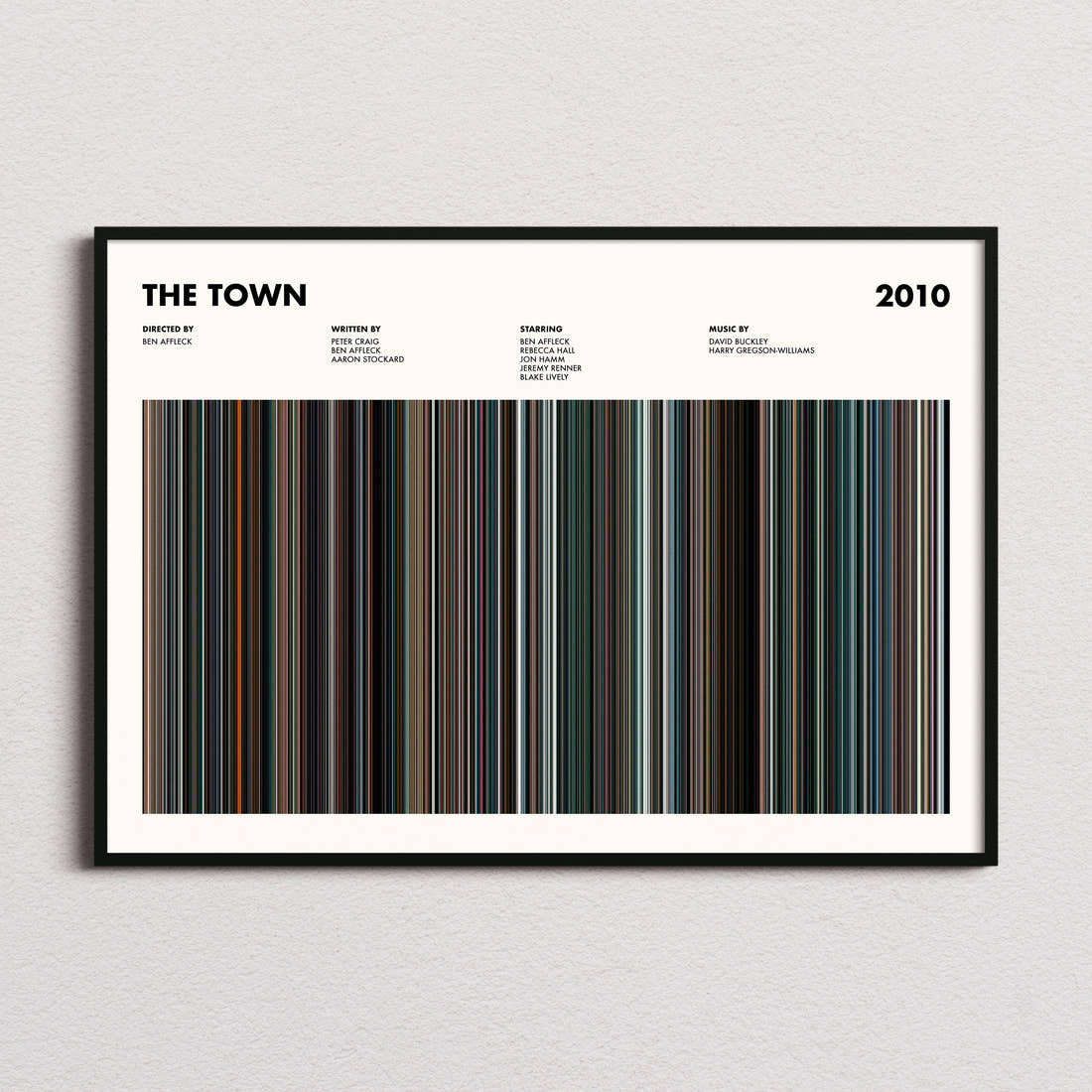 The Town Movie Barcode Poster framed and photographed straight on