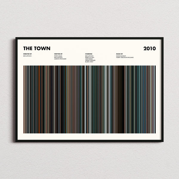 The Town Movie Barcode Poster framed and photographed straight on