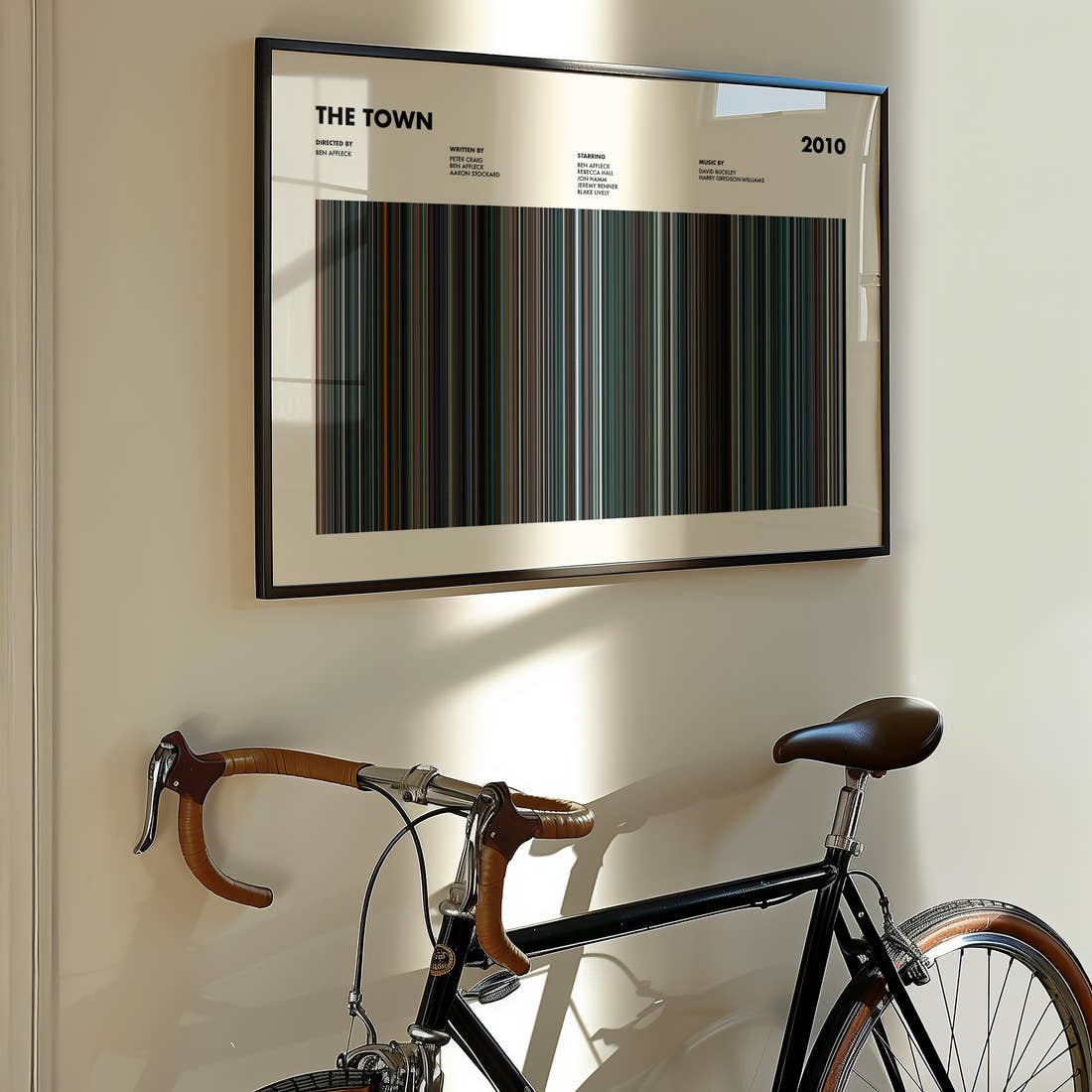 The Town Movie Barcode Poster framed on the wall of a styled room setting