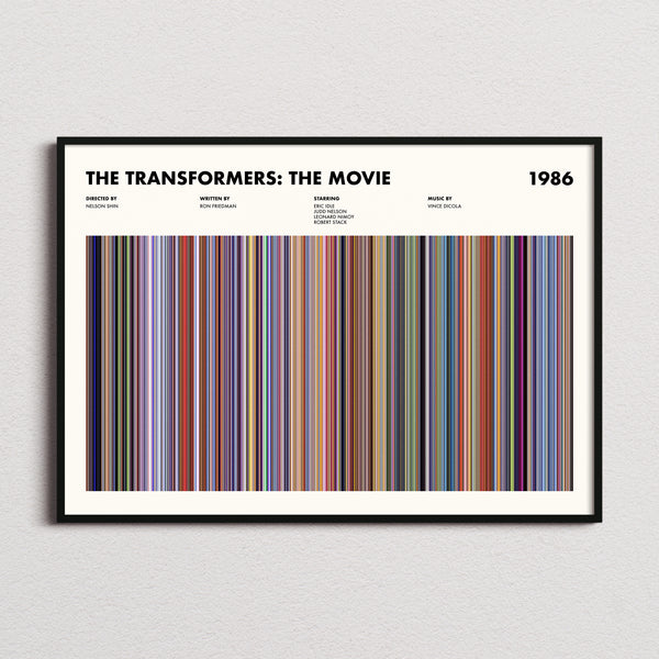 The Transformers: The Movie Movie Barcode Poster framed and photographed straight on