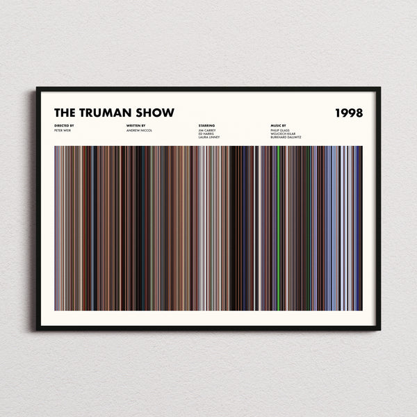 The Truman Show Movie Barcode Poster framed and photographed straight on