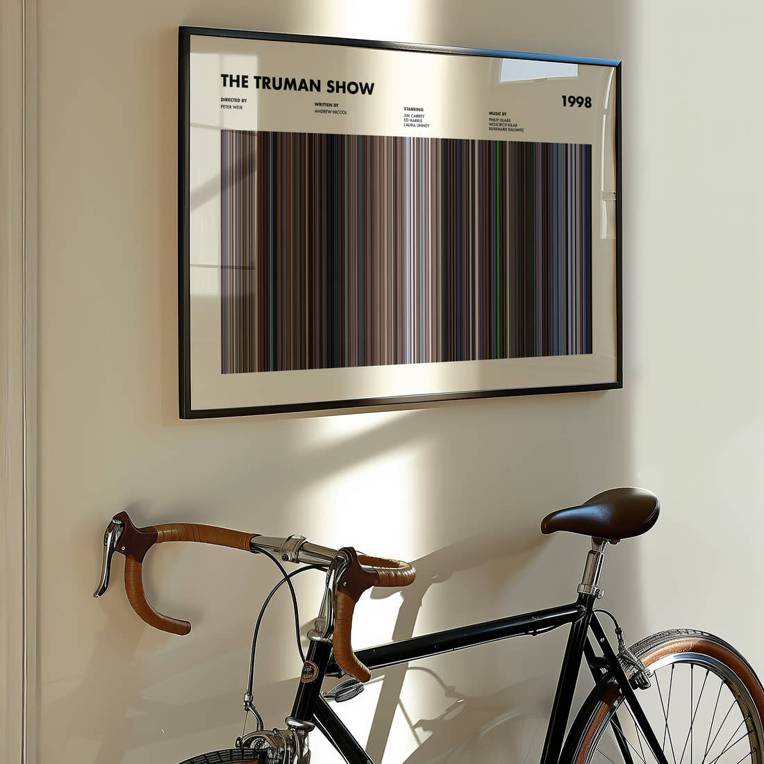 The Truman Show Movie Barcode Poster framed on the wall of a styled room setting