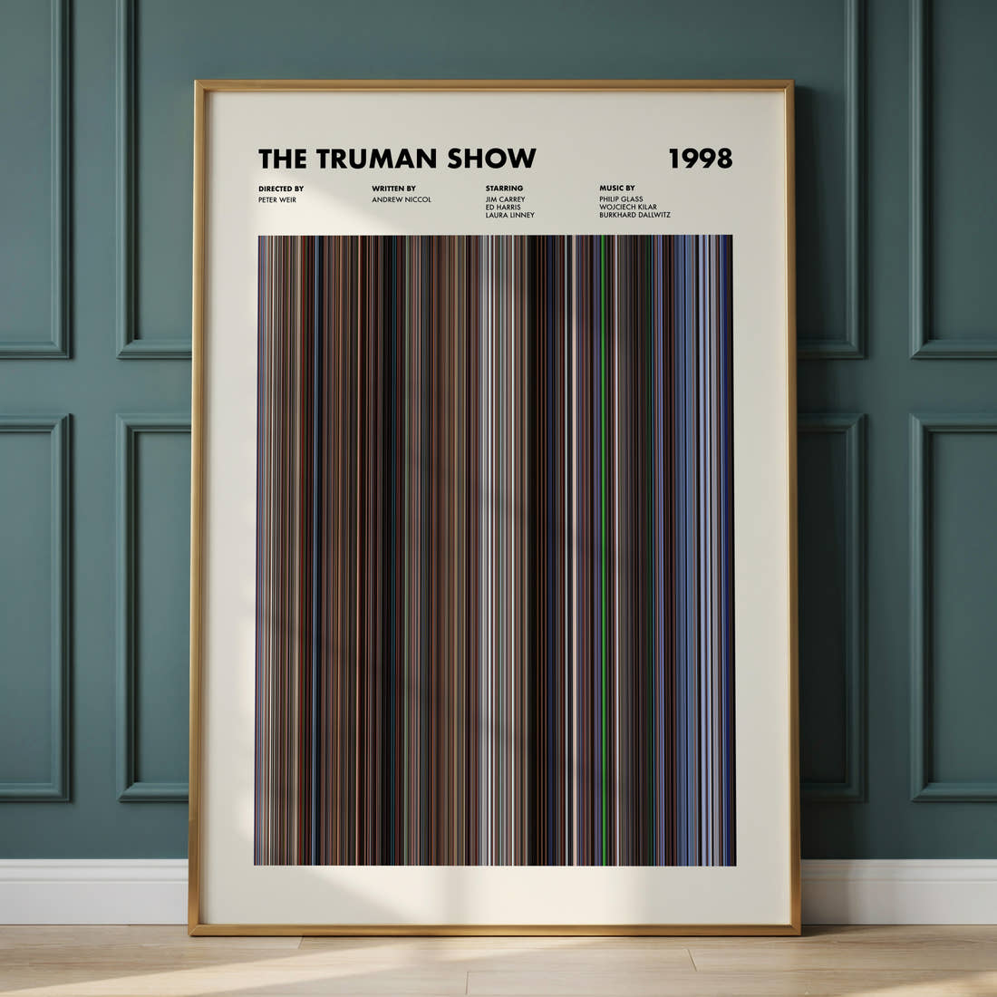 The Truman Show Movie Barcode Poster framed and leaning against a panelled wall