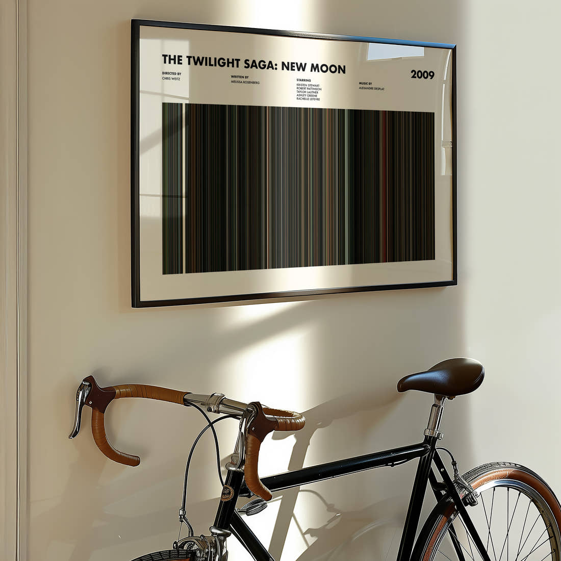 The Twilight Saga New Moon Movie Barcode Poster framed on the wall of a styled room setting
